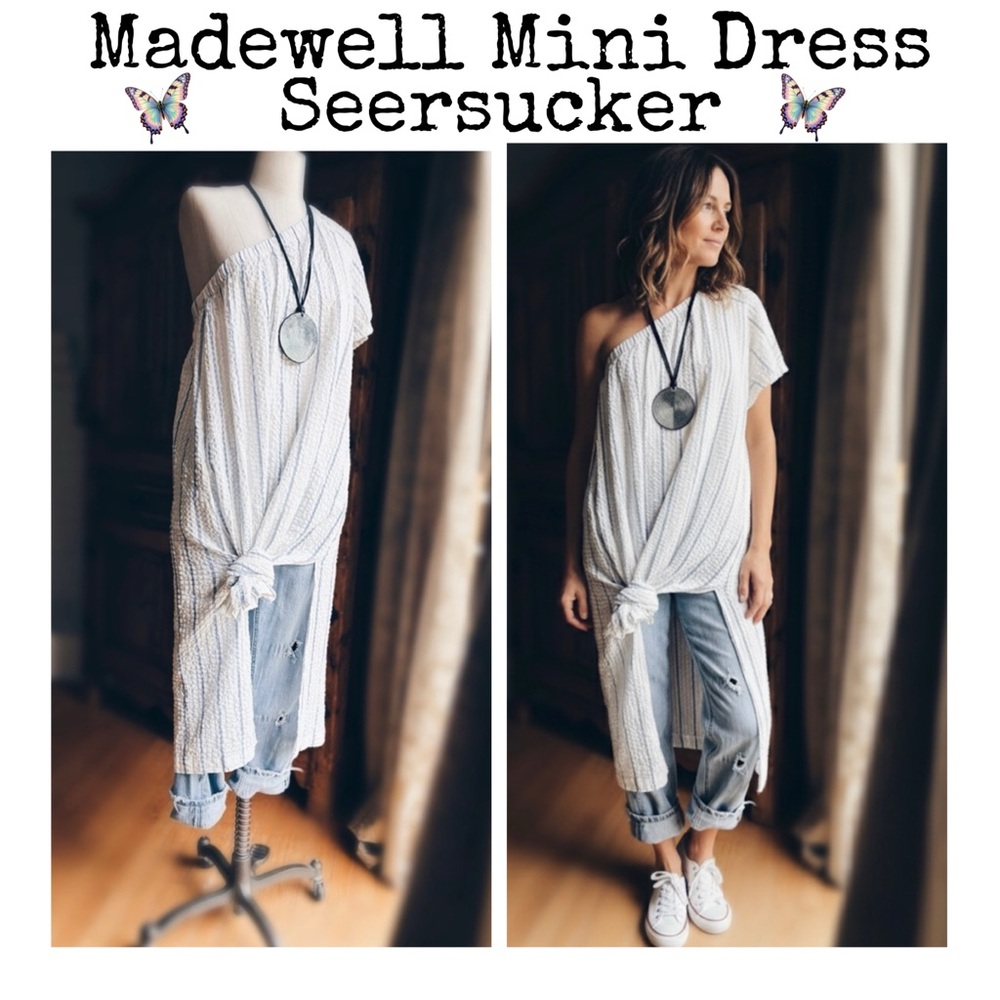 Madewell Seersucker Midi Dress One Shoulder Striped Small NWT - Picture 2 of 16